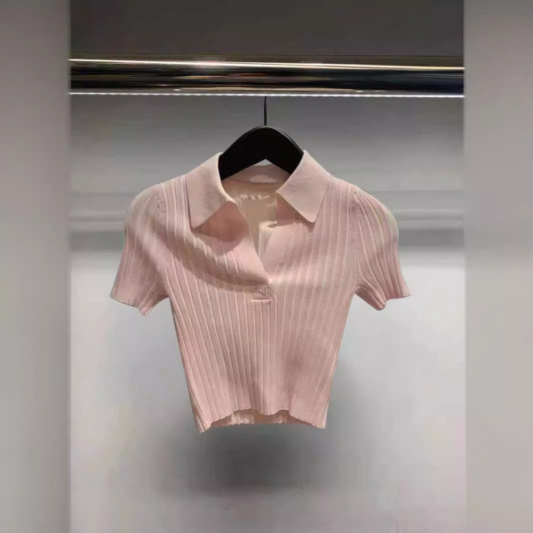 修身型短款粉色POLO领短袖针织衫女夏季高级感减龄上衣休闲