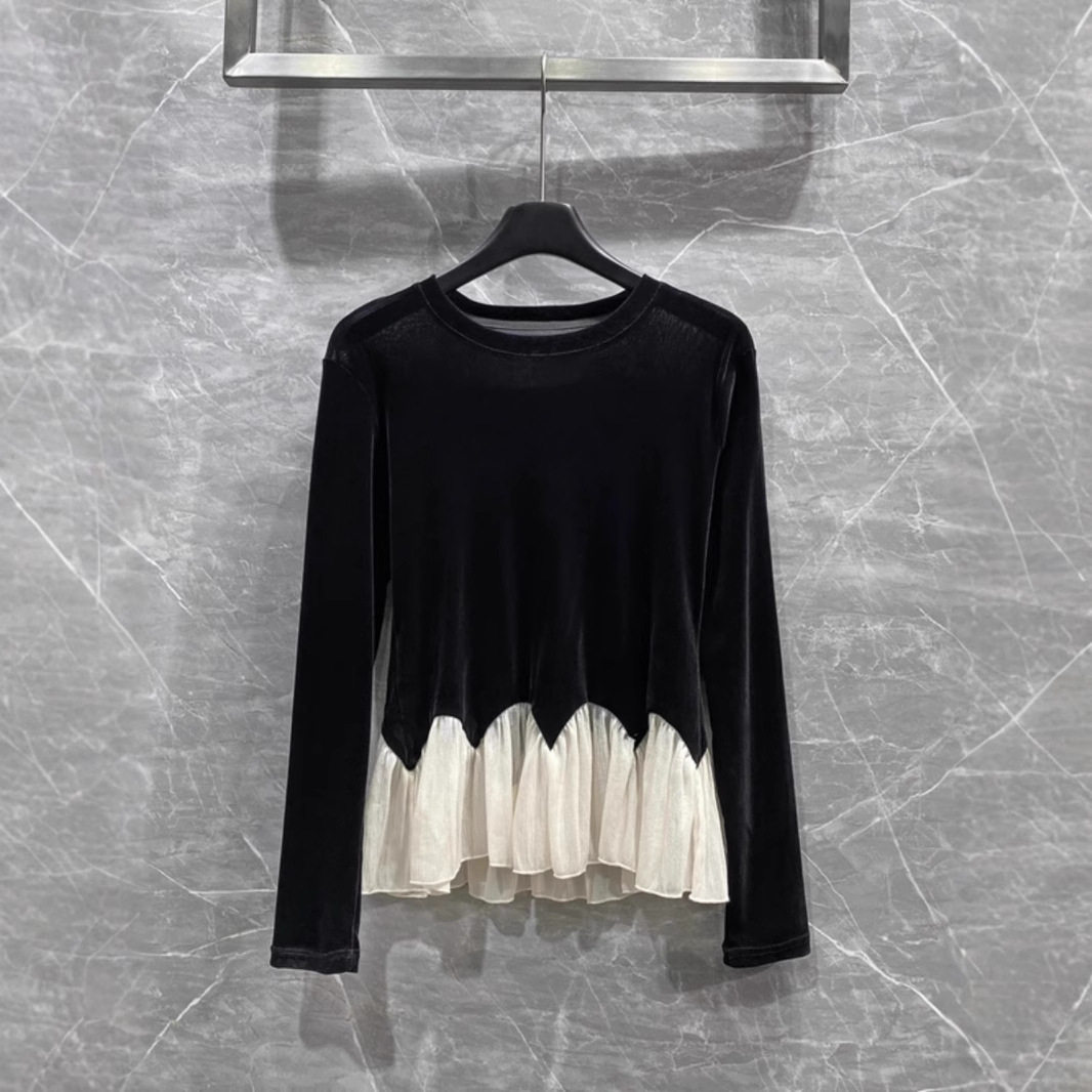 法式小众欧货高级感丝绒长袖T恤女2026春季假两件拼接打底衫上衣