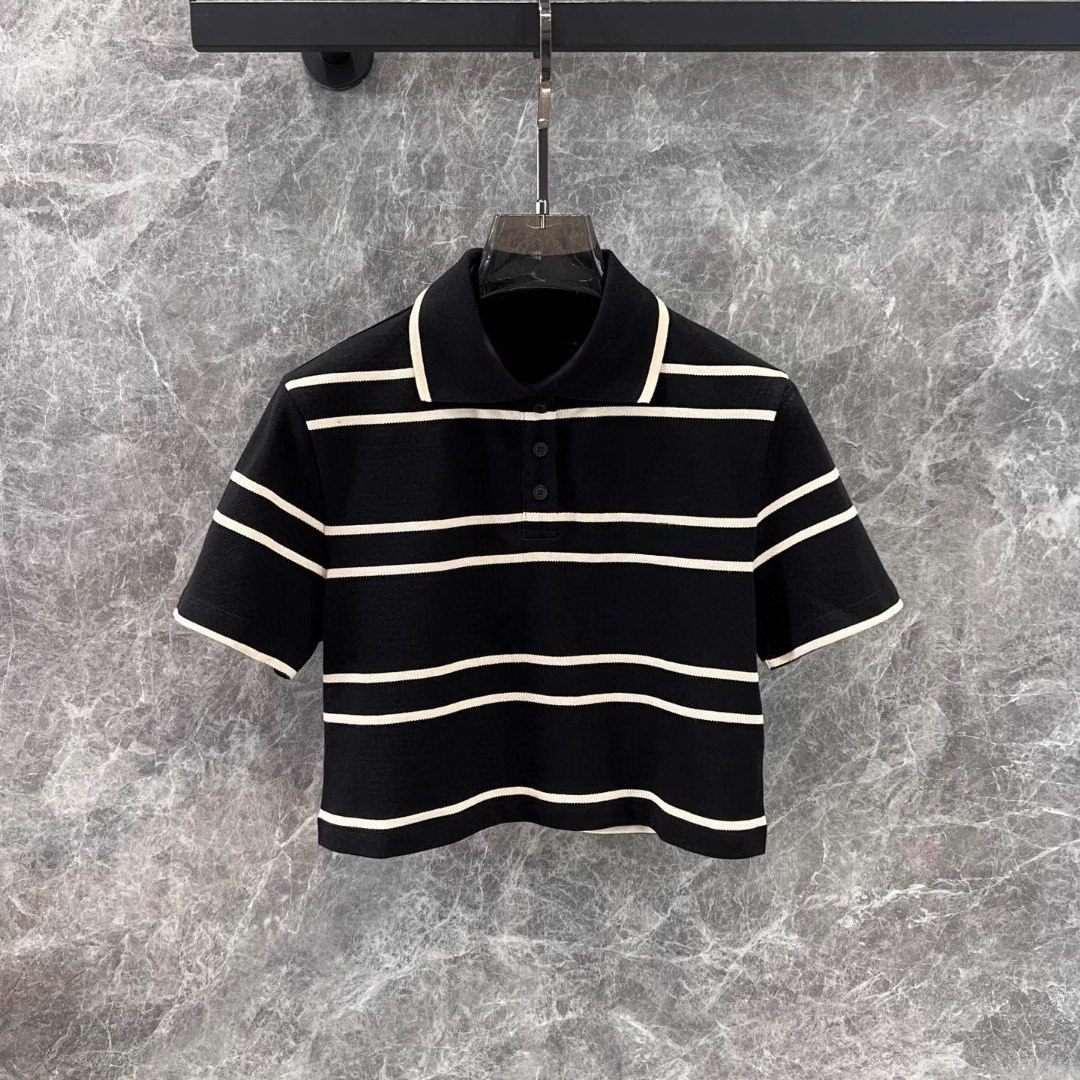 现货 夏季新款韩版时尚百搭气质短袖POLO领黑色条纹短款T恤女