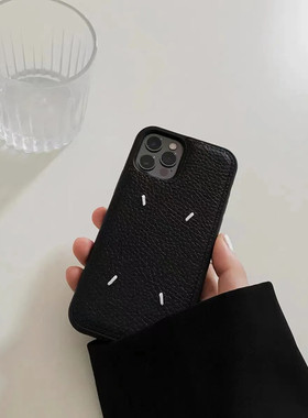 ins风适用苹果13手机壳11简约12黑色皮质iPhone15promax全包14潮