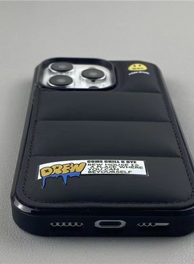 潮牌笑脸羽绒服iphone16promax苹果14手机壳15秋冬12男78p女13软