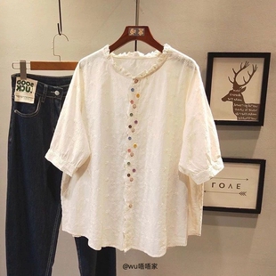 短袖 苎麻衬衫 花边领彩扣镂空宽松棉麻大码 法式 上衣 女2026漂亮小衫