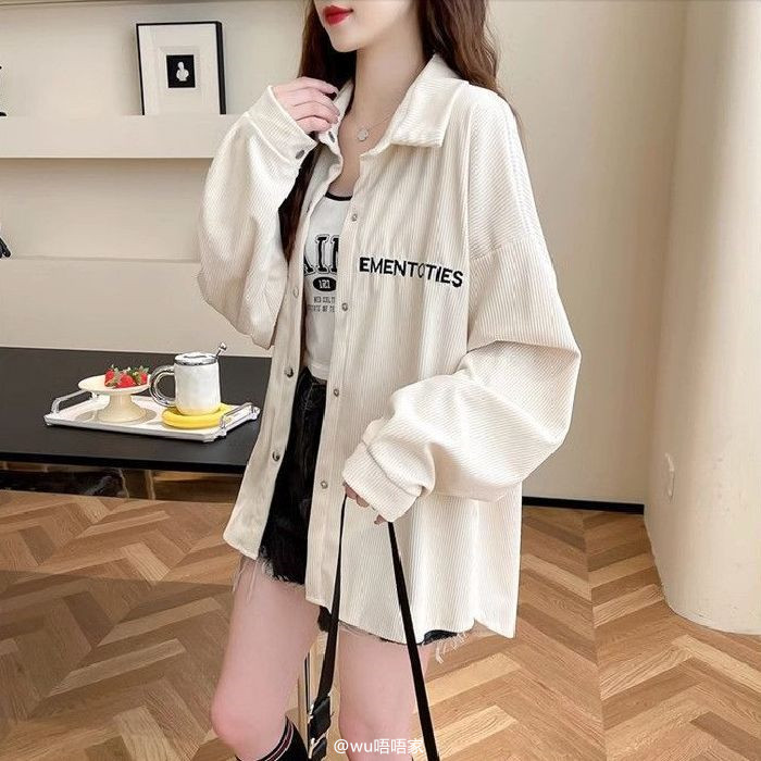 港风灯芯绒字母衬衫女内搭叠穿加绒2025年秋冬中长款正肩开衫外套