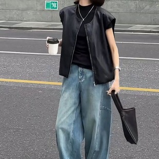 韩系拉链无袖 新款 背心坎肩马夹外套上衣 2025年秋季 pu皮马甲女短款
