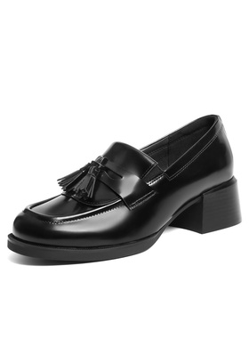 百丽粗高跟学院风乐福鞋小皮鞋女鞋子2026春新款真皮单鞋B2970AA6