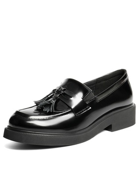 百丽粗跟复古流苏乐福鞋真皮女鞋2026春新款黑色小皮单鞋B2971AA6