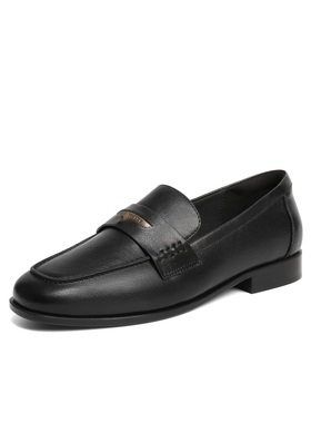 百丽真皮黑色平跟乐福鞋女鞋2026春新款小皮鞋深口单鞋F2D1 F2D1D