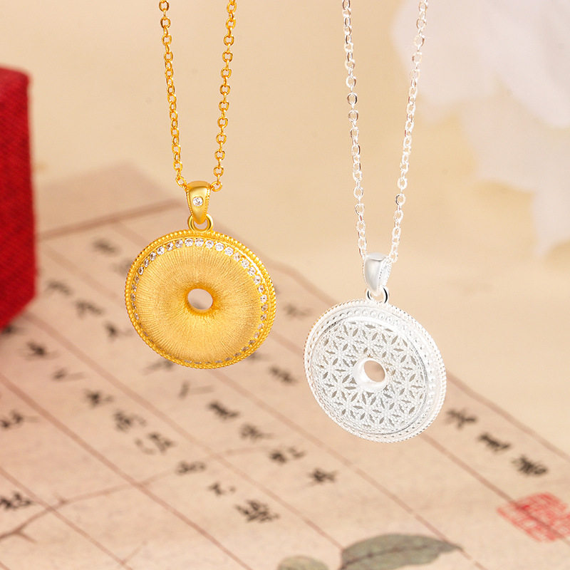 S925纯银古法圆形点钻拉丝项链