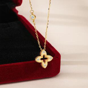 s925纯银拉丝四叶草项链女生中古新中式高级感闪钻锁骨链黄金同款