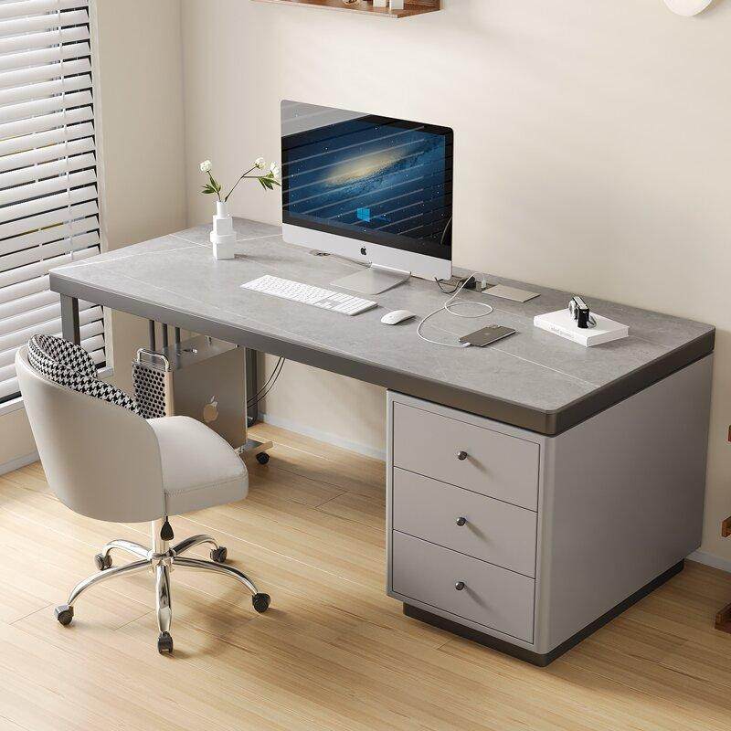 岩板电脑桌书桌铁艺办公桌简约现代台式吧台桌专用书架一体桌轻奢