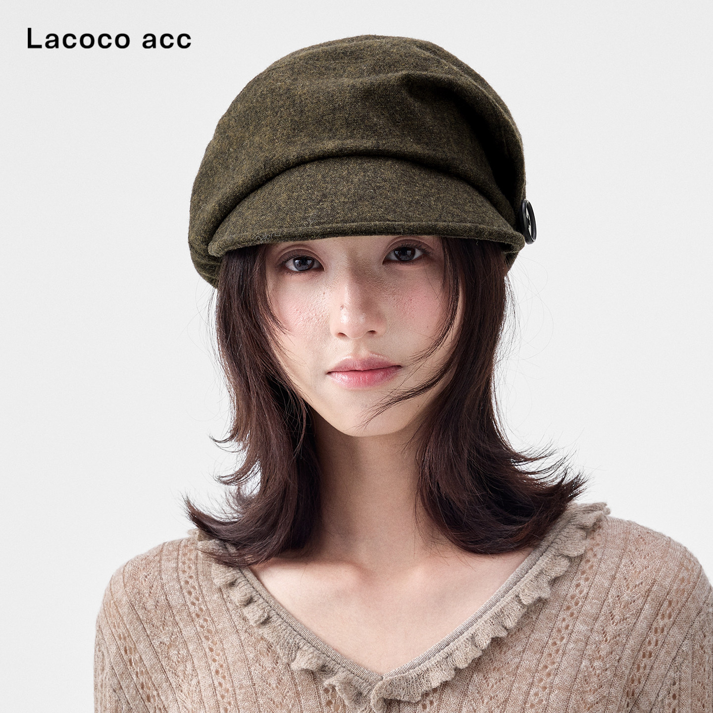 Lacoco日系褶皱纽扣羊毛报童帽女2026秋冬保暖显脸小鸭舌帽贝雷帽