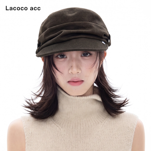 Lacoco 日系复古褶皱报童帽2026秋冬慵懒风鸭舌帽显脸小骑士帽女