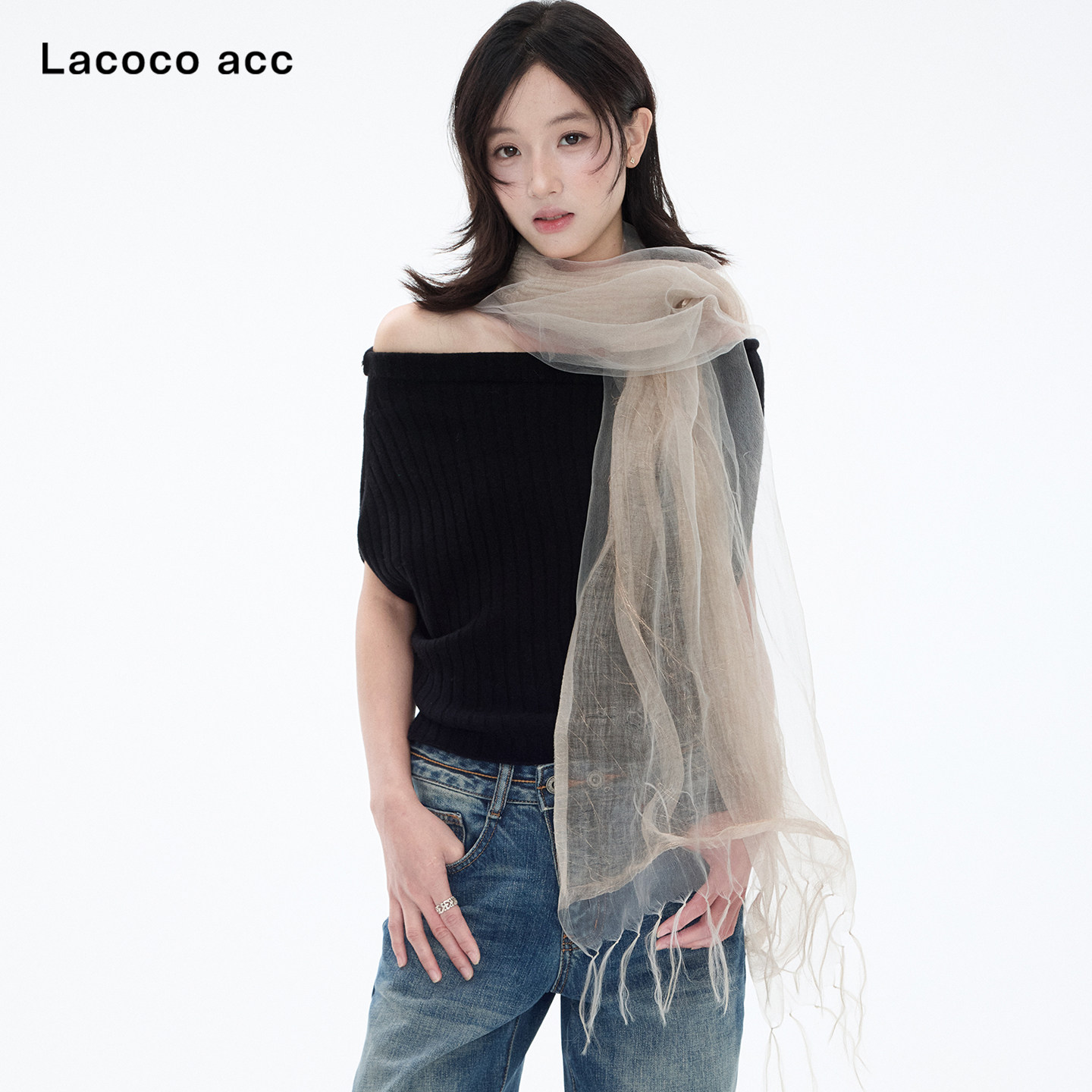Lacoco日系双层手工打结流苏围巾女2026秋季新款氛围感欧根纱丝巾