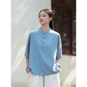 复古盘扣苎麻短袖 新款 上衣新中式 小衫 中国风女装 禅意棉麻衬衫 夏季