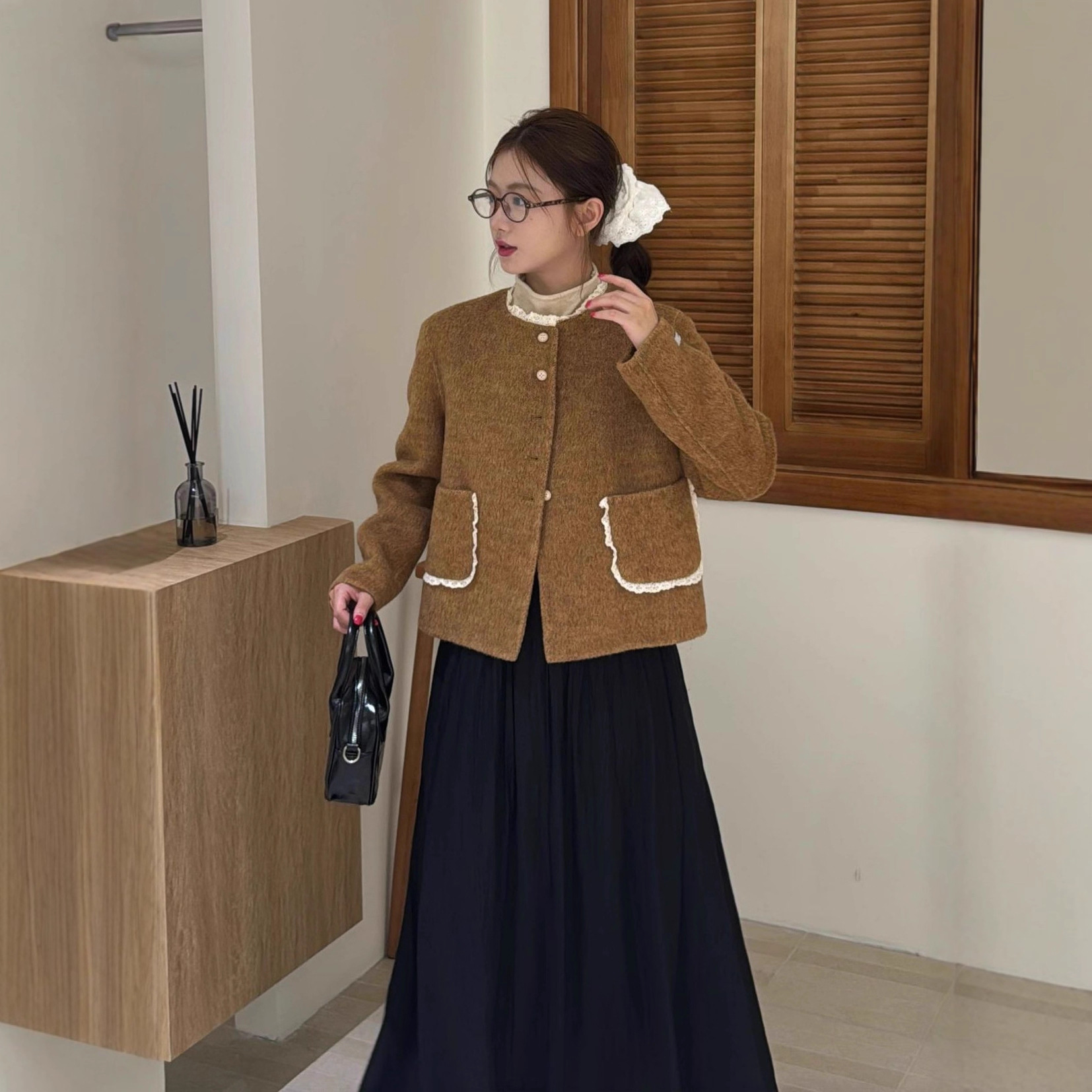 法式原创蕾丝边小清新双面羊毛大衣 常规H版型甜美小香风加厚