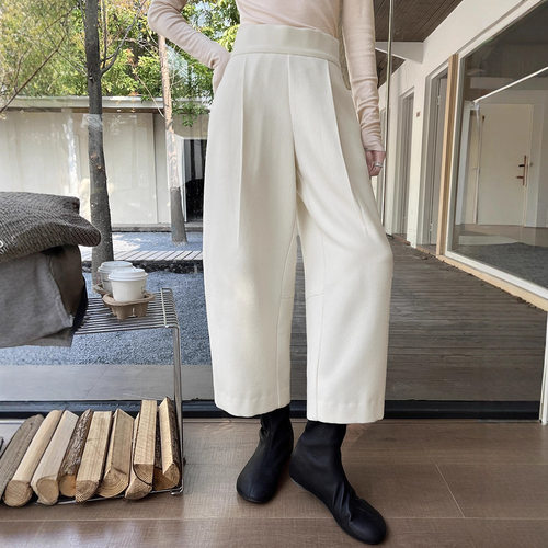 极简羊毛呢捏摺阔高腰腿九分裤