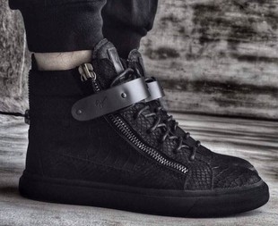 网红同款秋冬gz男鞋高帮真皮cl黑钻双金扣情侣休闲拉链板鞋女英伦