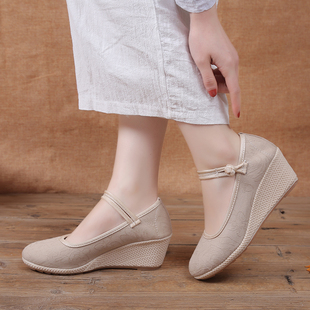 系带汉服鞋 老北京布鞋 中国风 民族风女鞋 女 坡跟小码 34高跟绣花鞋