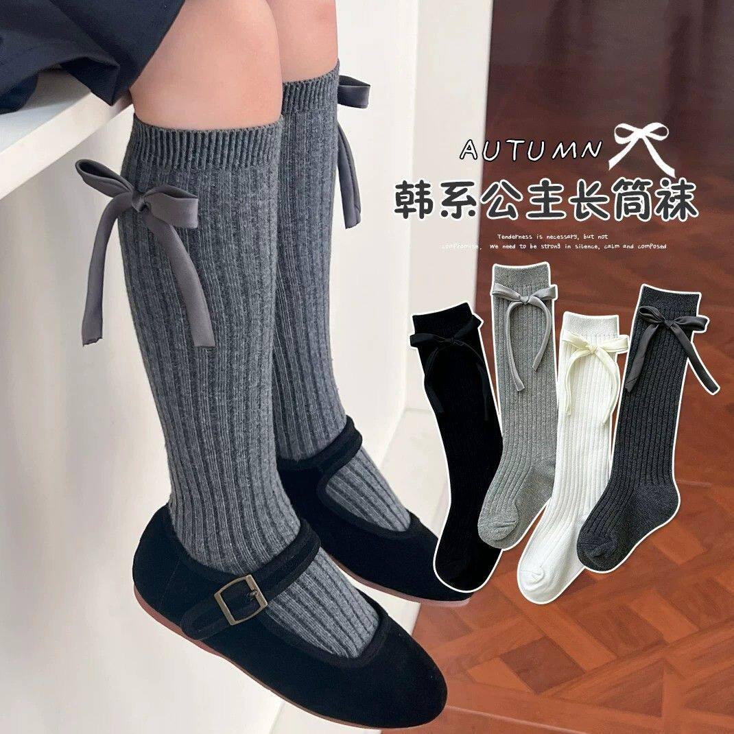 甜美袜子春秋款女蝴蝶结长筒袜韩系洋气百搭少女中筒袜秋季公主袜