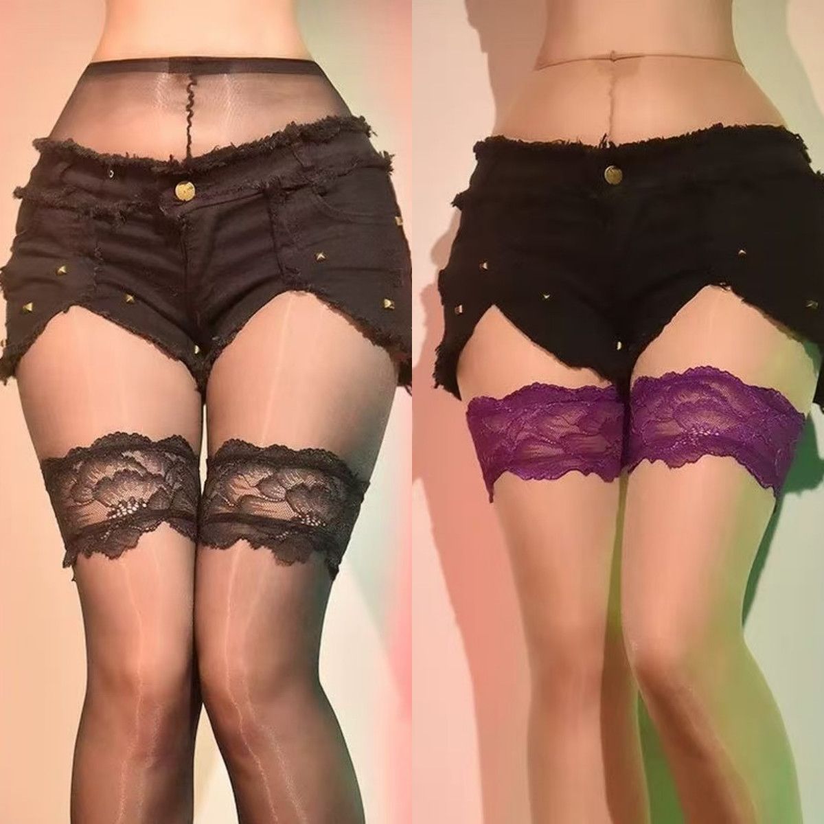 极光超薄黑丝假两件蕾丝花边拼接丝袜女油亮大腿袜假过膝高筒袜子