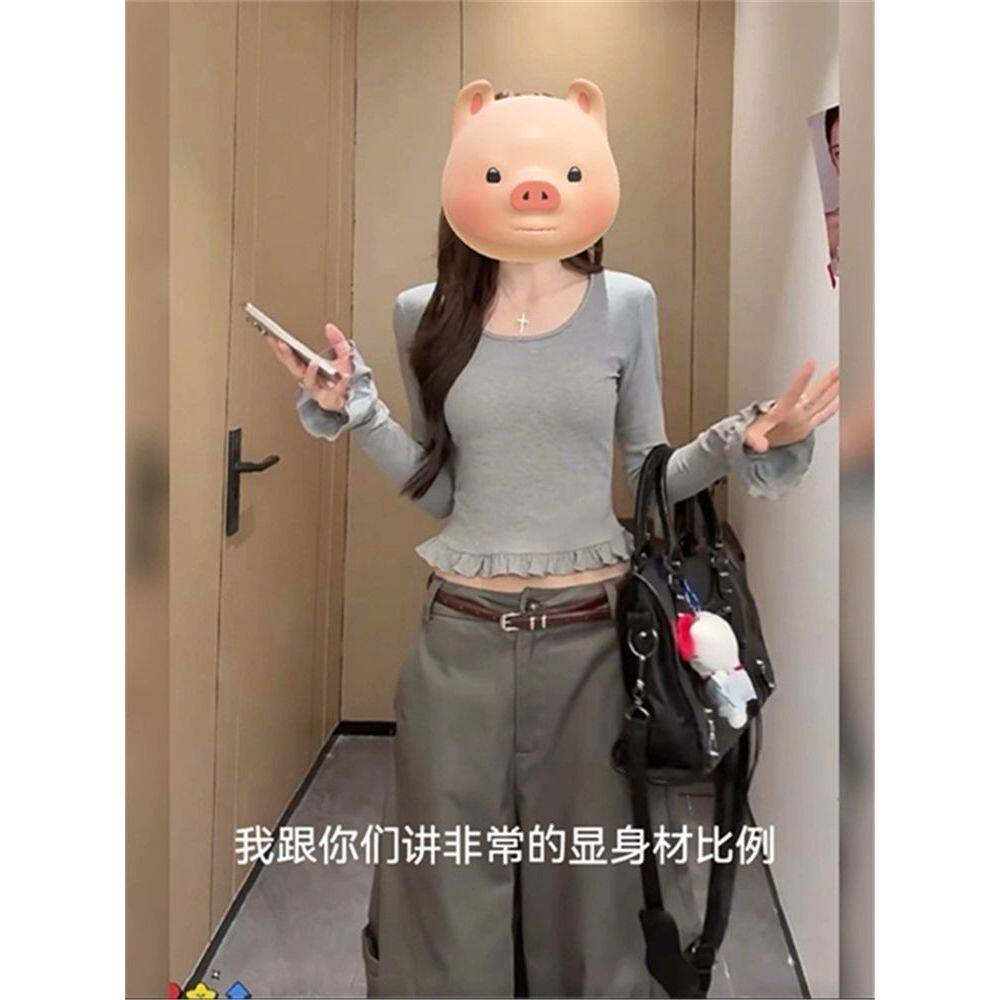 韩系纯欲木耳花边下摆长袖T恤女