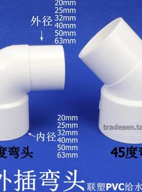 联塑PVC内插弯头白色45度90度单承插弯头给水管件变径异径转接头