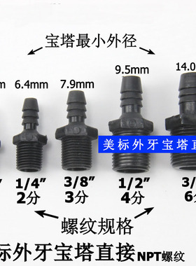 NPT黑色外螺纹接头软管接头宝塔接头配件美制外丝软管水咀直接