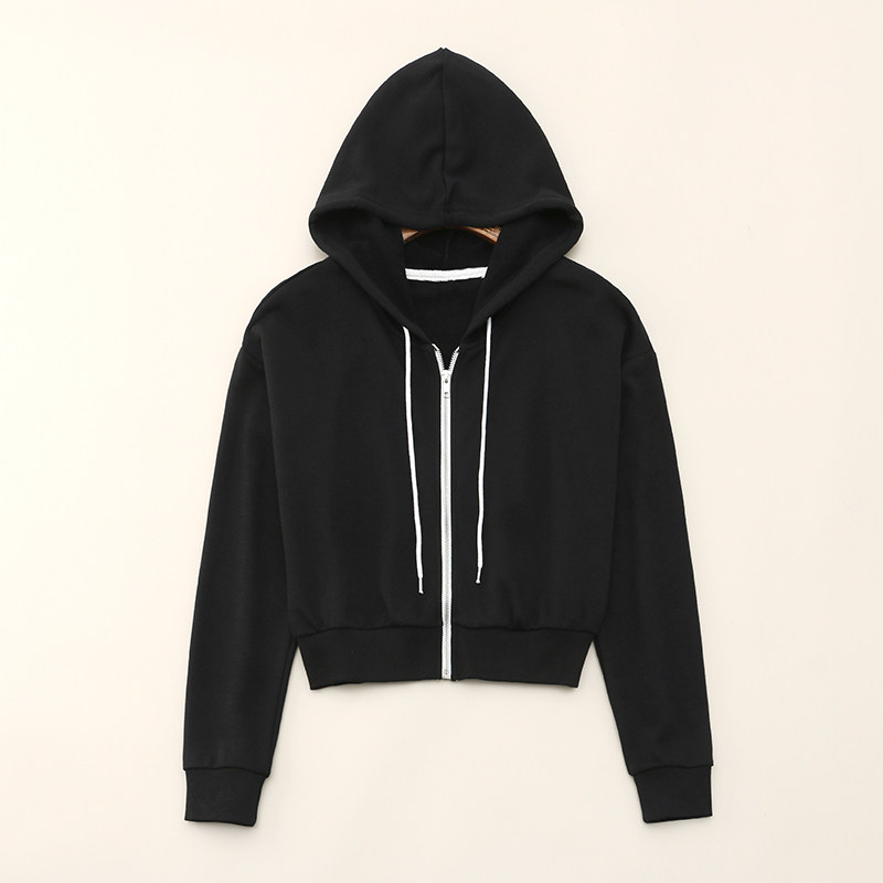 31128美国单~黑色活力短款运动休闲连帽拉链卫衣外套上衣女0.42