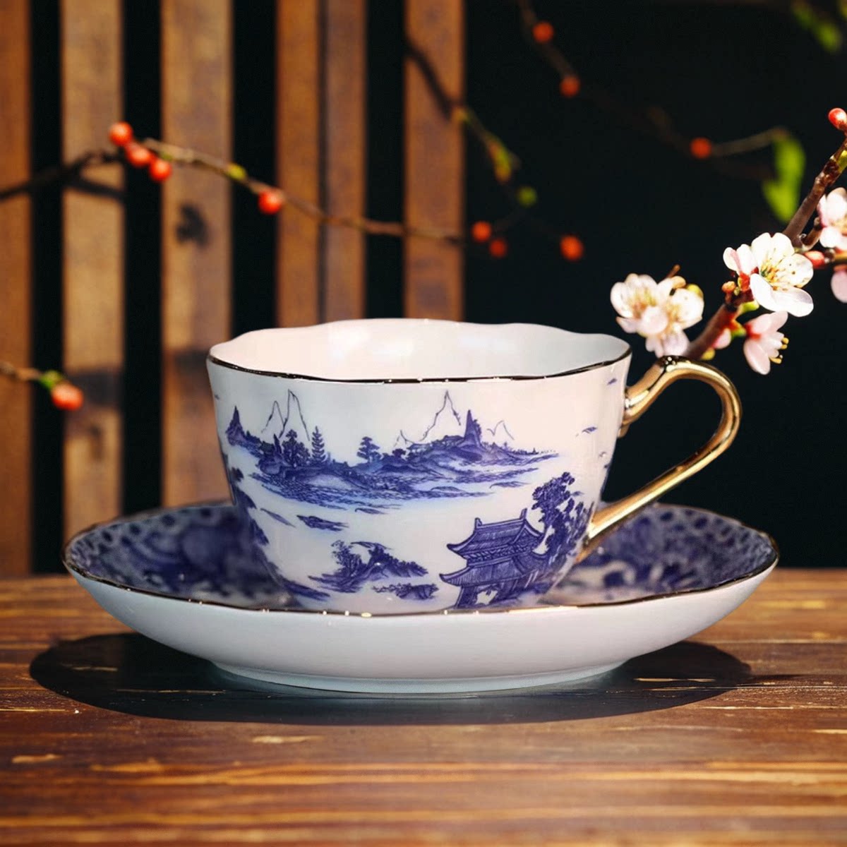 故宫波光千顷雨中青咖啡杯红茶牛奶茶水中式礼物陶瓷杯子杯碟套装