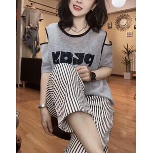 今年流行特惠23591大爱美依缘2025新款韩版灰色字母漏肩T恤条纹