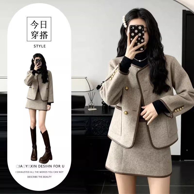 今年流行特惠秋冬穿搭一整套法式小香风富家千金毛呢外套搭配