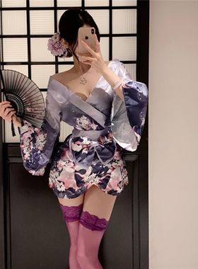 纯欲日式和风露肩樱花印花性感和服套装紫写真cos服女睡裙家居服