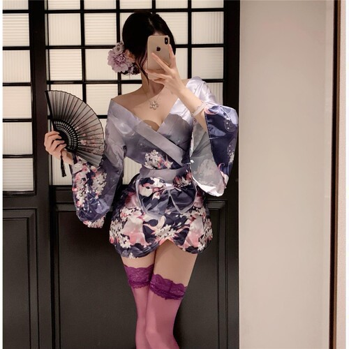 纯欲日式和风露肩樱花印花性感和服套装紫写真cos服女睡裙家居服
