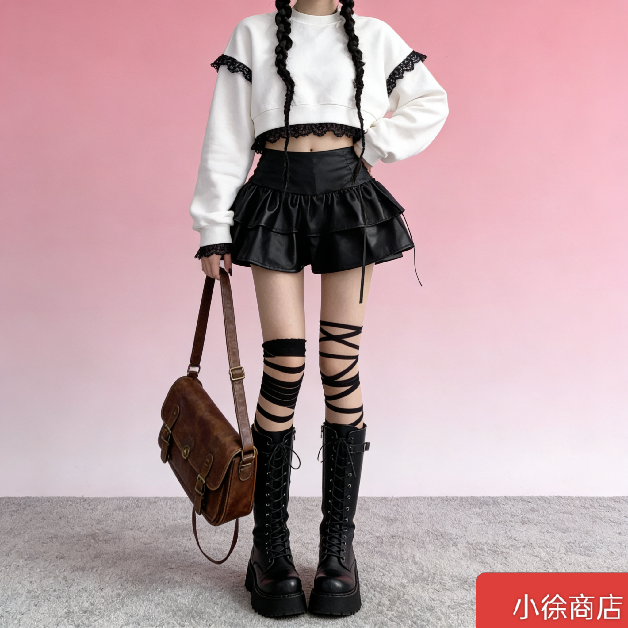 绑带堆堆袜y2k亚文化辣妹黑白色绷带长筒过膝丝袜女洛丽塔袜薄款