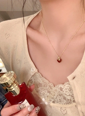真金电镀复古安可拉红滴釉爱心高级感项链女choker精致锁骨链