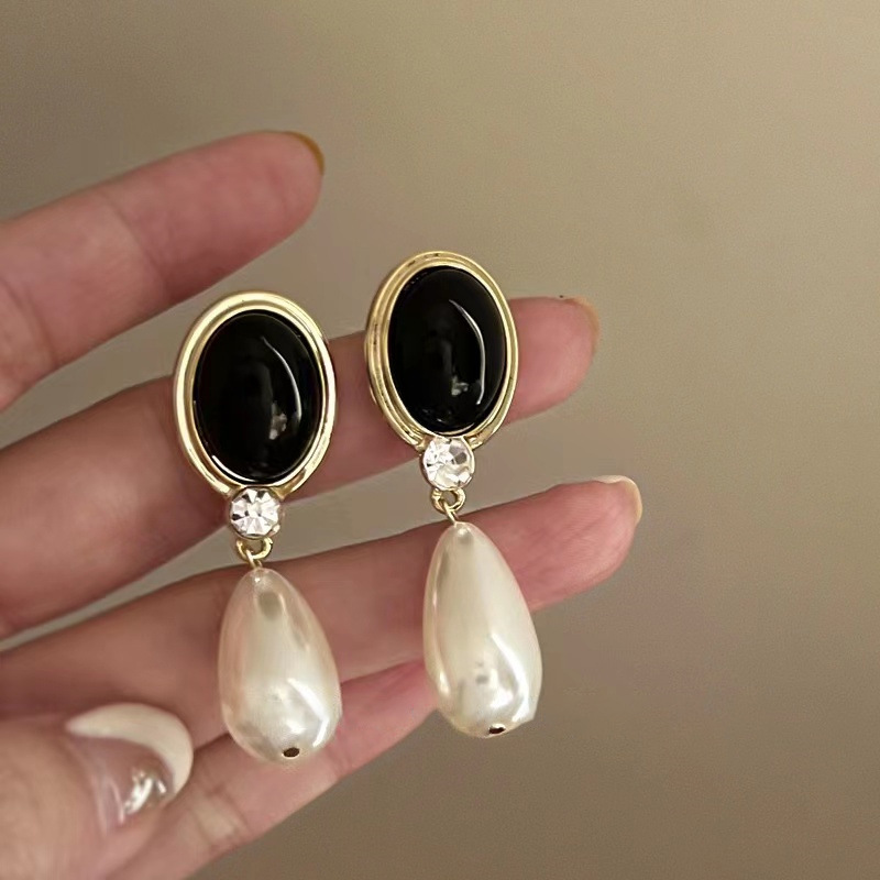 港风美人！黑色珍珠水滴耳环！复古高级法式轻奢小众设计气质耳钉
