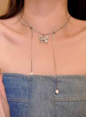 银色抽拉蝴蝶项链ins小众高级感甜酷轻奢双层锁骨链流苏合金拉绳