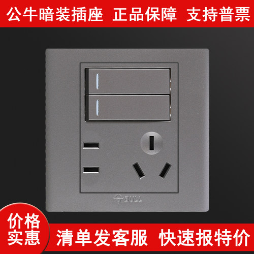 86型灰色暗装二开五孔公牛