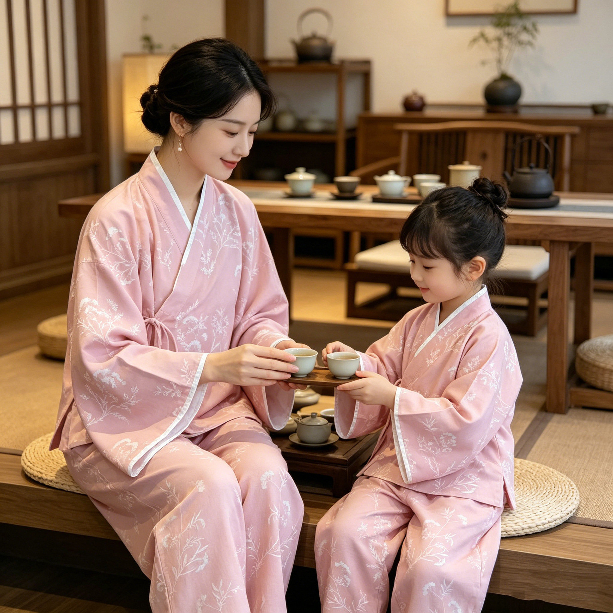 中式汉服亲子装睡衣家居服套装四季右衽交领