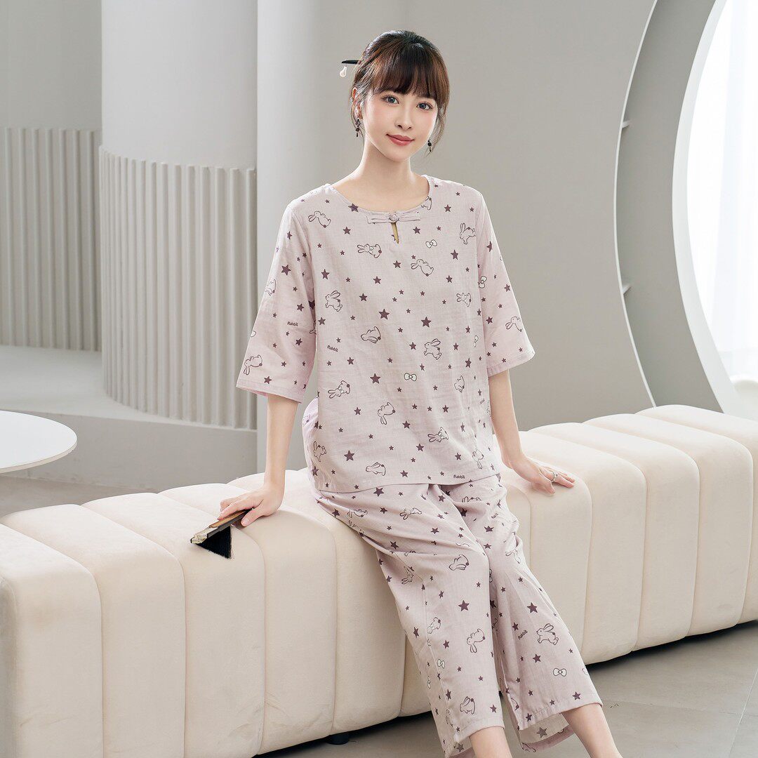 睡衣女春夏季棉纱中袖九分裤套装带口袋居家服休闲睡衣有胸垫