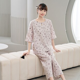 睡衣女春夏季棉纱中袖九分裤套装带口袋居家服休闲睡衣有胸垫