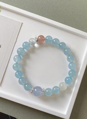 天然巴西海蓝宝手串女款白水晶