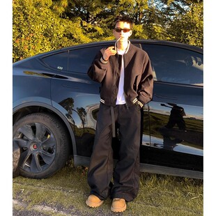 工厂灰色短款毛呢外套男春秋美式复古棒球服高级感加厚飞行员夹克