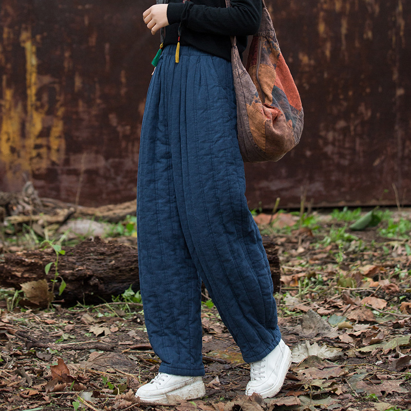 冬新款加棉女裤苎麻夹棉绗缝炒色保暖长裤时尚百搭休闲显瘦小脚裤