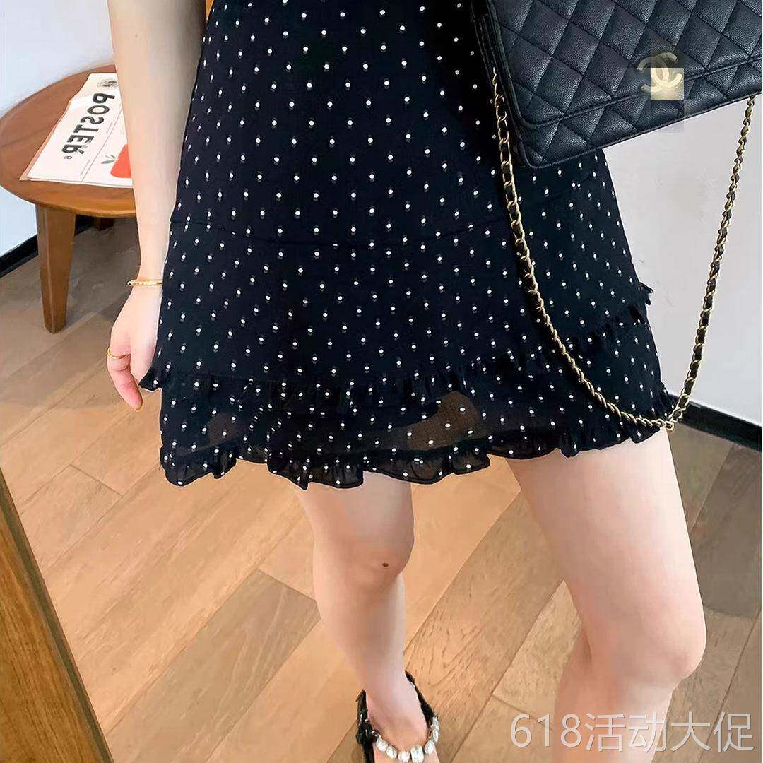 夏季木耳边白色波点半身裙胖mm松紧腰包臀鱼尾裙防走光a字短裙女.