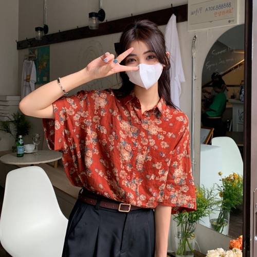 90年代港风女装花衬衫红色复古