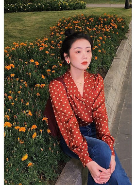 大码复古港风女装胖mm新款衬衣显瘦雪纺衫波点红色衬衫女洋气时尚