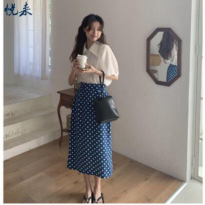 港式复古女装波点半身裙衬衫套装