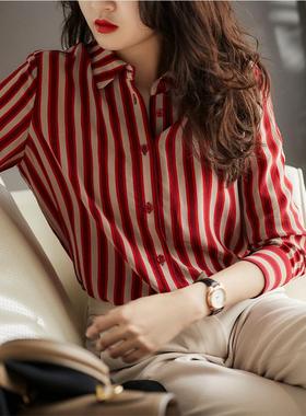 80年代复古港风红色衬衫女洋气时尚条纹衬衣秋新款上衣气质打底衫