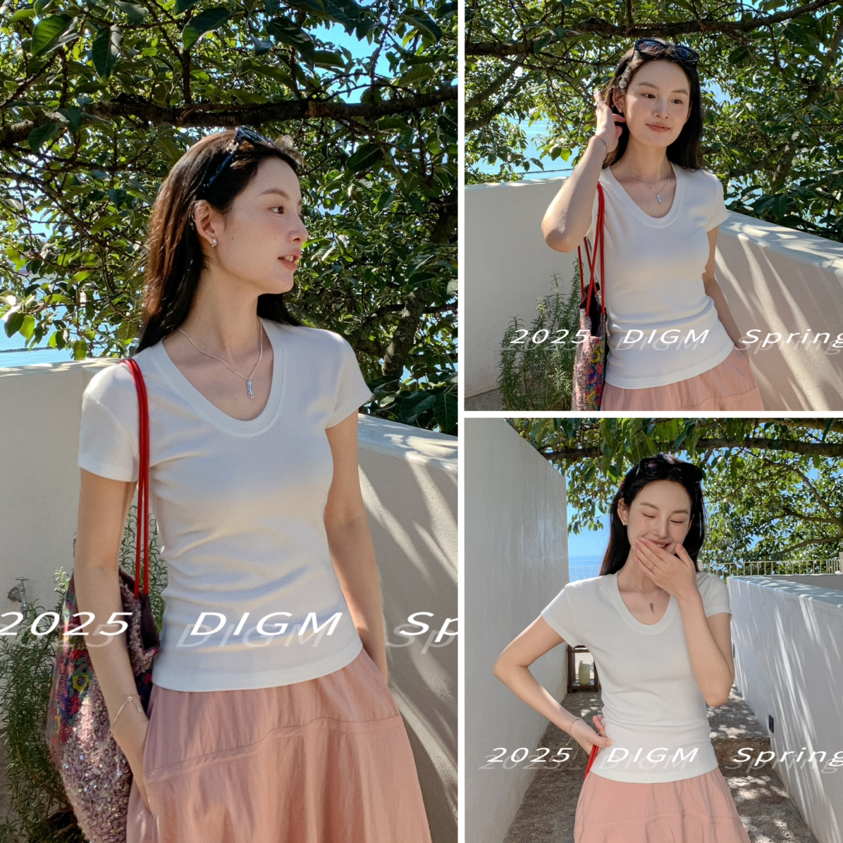 DIGM韩版系U领白色T恤女夏季简约气质百搭显瘦弹力短袖上衣巨百搭